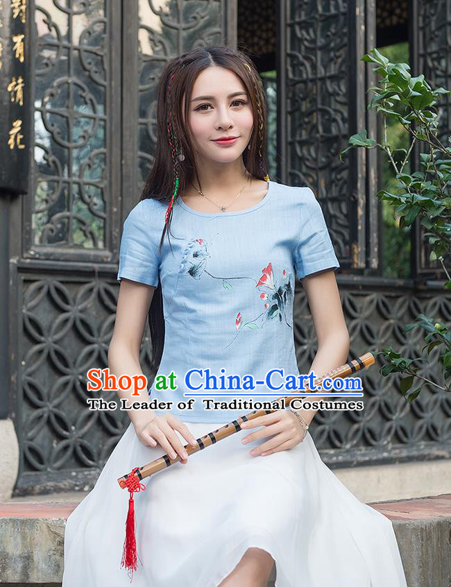 Traditional Ancient Chinese National Costume, Elegant Hanfu Ink Painting Lotus Blue Shirt, China Tang Suit Round Collar Blouse Cheongsam Qipao Shirts Clothing for Women
