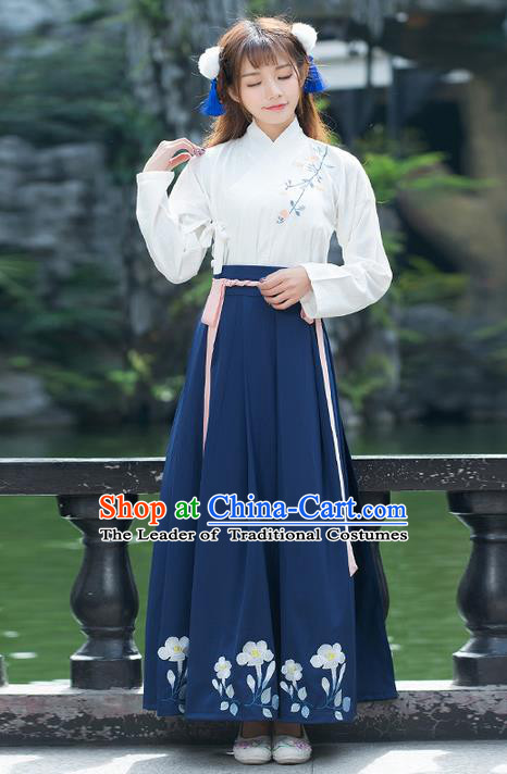 Traditional Ancient Chinese Costume, Elegant Hanfu Clothing Embroidered Slant Opening Blouse and Dress, China Ming Dynasty Elegant Blouse and Skirt Complete Set for Women