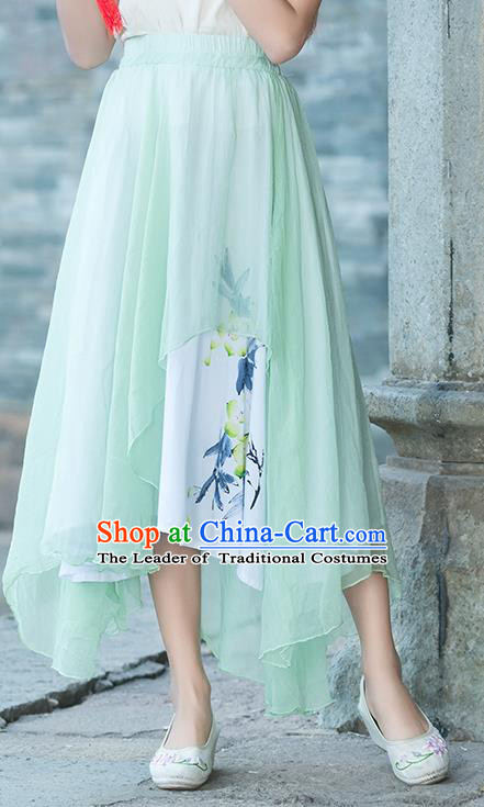 Traditional Chinese National Costume Pleated Skirt, Elegant Hanfu Printing Chiffon Green Half Dress, China Tang Suit Bust Skirt for Women