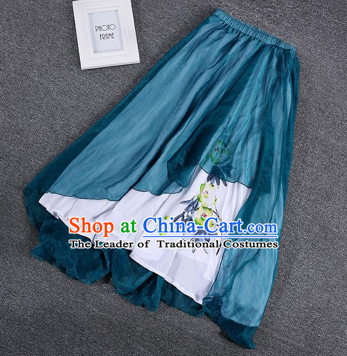 Traditional Chinese National Costume Pleated Skirt, Elegant Hanfu Printing Chiffon Peacock Blue Half Dress, China Tang Suit Bust Skirt for Women