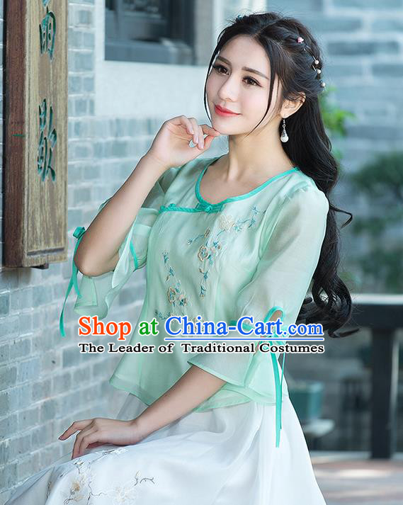 Traditional Ancient Chinese National Costume, Elegant Hanfu Chiffon Embroidered Green Shirt, China Tang Suit Mandarin Sleeve Blouse Cheongsam Qipao Shirts Clothing for Women