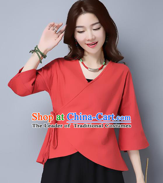 Traditional Chinese National Costume, Elegant Hanfu Slant Opening Red T-Shirt, China Tang Suit Blouse Cheongsam Qipao Shirts Clothing for Women