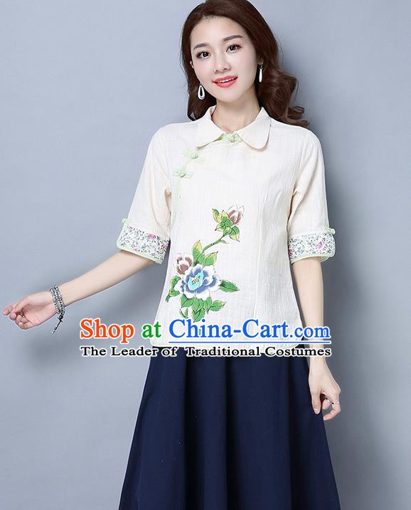 Traditional Ancient Chinese National Costume, Elegant Hanfu Linen Printing White T-Shirt, China Tang Suit Blouse Cheongsam Qipao Shirts Clothing for Women