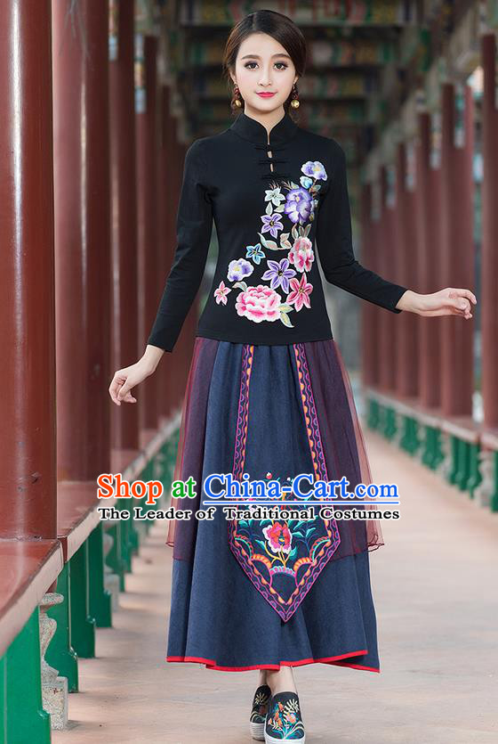 Traditional Chinese National Costume, Elegant Hanfu Embroidery Flowers Stand Collar Black T-Shirt, China Tang Suit Plated Buttons Blouse Cheongsam Upper Outer Garment Qipao Shirts Clothing for Women