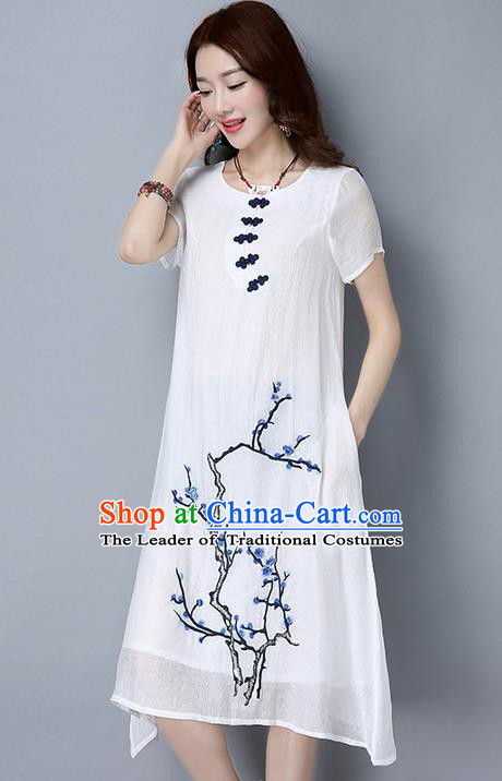 Traditional Ancient Chinese National Costume, Elegant Hanfu Mandarin Qipao Linen Hand Painting Plum Blossom White Dress, China Tang Suit Plate Buttons Cheongsam Upper Outer Garment Elegant Dress Clothing for Women