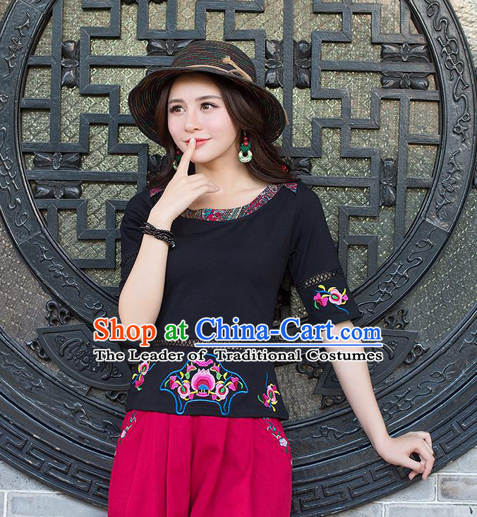 Traditional Chinese National Costume, Elegant Hanfu Embroidery Flowers Black T-Shirt, China National Minority Tang Suit Blouse Cheongsam Upper Outer Garment Qipao Shirts Clothing for Women
