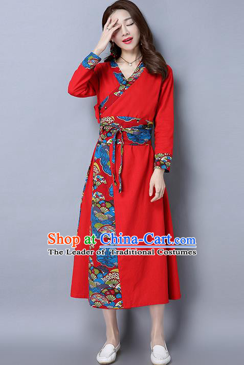 Traditional Ancient Chinese National Costume, Elegant Hanfu Spell Color Red Dress, China National Minority Style Tang Suit Cheongsam Upper Outer Garment Elegant Dress Clothing for Women