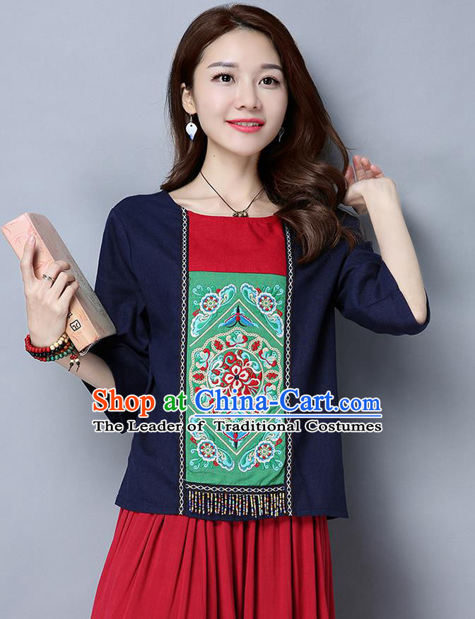 Traditional Chinese National Costume, Elegant Hanfu Embroidery Round Collar Navy T-Shirt, China Miao National Minority Tang Suit Blouse Cheongsam Upper Outer Garment Shirts Clothing for Women