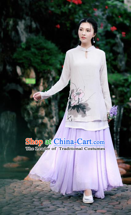 Traditional Ancient Chinese National Pleated Skirt Costume, Elegant Hanfu Chiffon Long Purple Dress, China Tang Dynasty Bust Skirt for Women