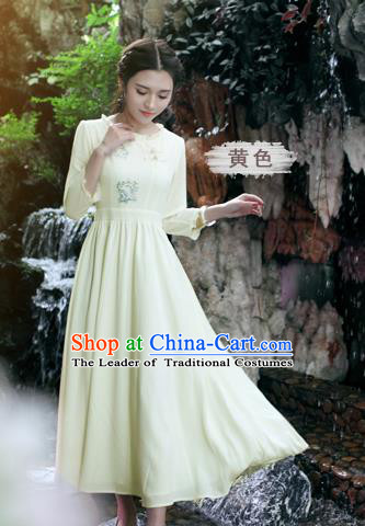 Traditional Ancient Chinese National Costume, Elegant Hanfu Linen Embroidery Apricot Dress, China Tang Suit Chirpaur Republic of China Cheongsam Upper Outer Garment Elegant Dress Clothing for Women