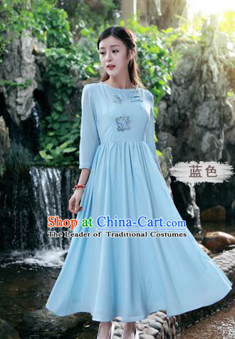 Traditional Ancient Chinese National Costume, Elegant Hanfu Linen Embroidery Blue Dress, China Tang Suit Chirpaur Republic of China Cheongsam Upper Outer Garment Elegant Dress Clothing for Women