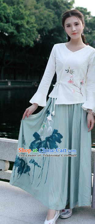 Traditional Ancient Chinese National Costume Pleated Skirt, Elegant Hanfu Linen Printing Long Green Dress, China Tang Dynasty Bust Skirt for Women