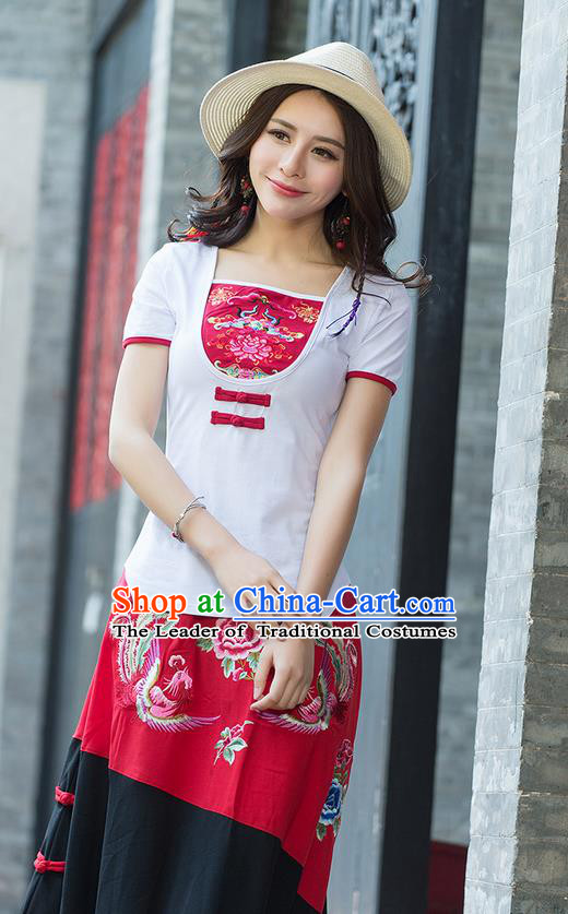 Traditional Chinese National Costume, Elegant Hanfu Embroidery Flowers Chinese-Style Chest Covering Model White T-Shirt, China Tang Suit Republic of China Plated Buttons Blouse Cheongsam Upper Outer Garment Qipao Shirts Clothing for Women