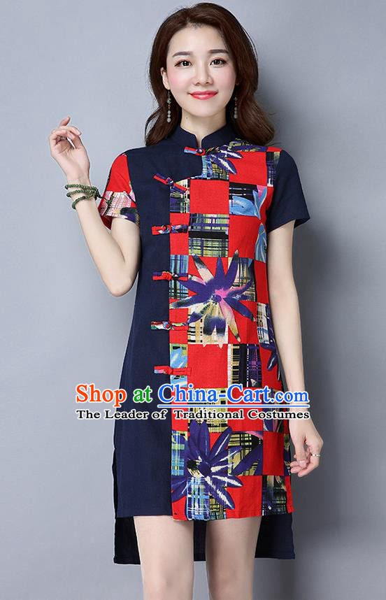 Traditional Ancient Chinese National Costume, Elegant Hanfu Mandarin Qipao Linen Multicolor Navy Dress, China Tang Suit Chirpaur Republic of China Cheongsam Upper Outer Garment Elegant Dress Clothing for Women