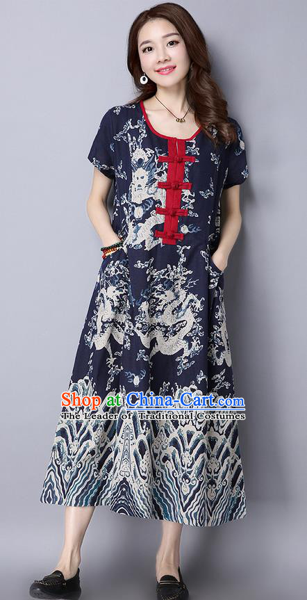 Traditional Ancient Chinese National Costume, Elegant Hanfu Linen Painting Navy Long Dress, China Tang Suit Chirpaur Republic of China Cheongsam Upper Outer Garment Elegant Dress Clothing for Women