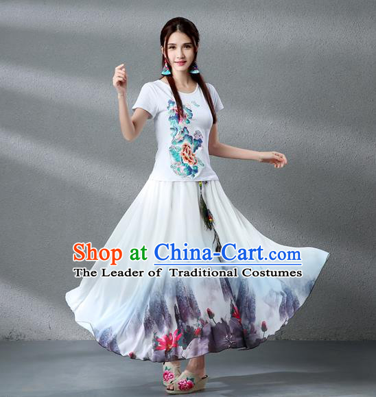 Traditional Ancient Chinese National Pleated Skirt Costume, Elegant Hanfu Chiffon Peacock Feathers Ink Painting Lotus White Dress, China Tang Dynasty Big Swing Bust Skirt for Women