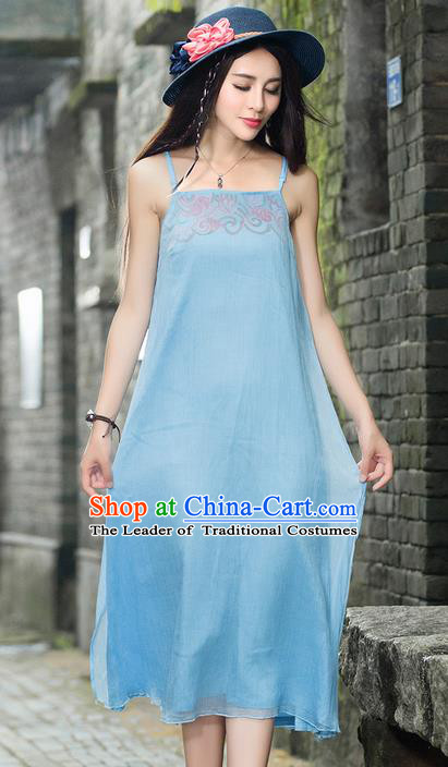 Traditional Ancient Chinese National Costume, Elegant Hanfu Embroidery Blue Dress, China Tang Suit Cheongsam Upper Outer Garment Elegant Braces Dress Clothing for Women