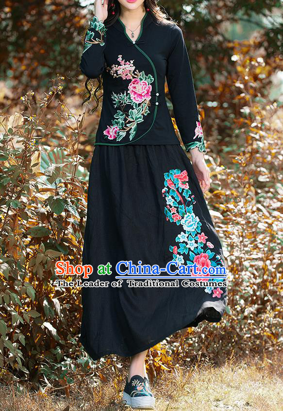 Traditional Ancient Chinese National Pleated Skirt Costume, Elegant Hanfu Linen Embroidery Peony Phoenix Long Black Dress, China Tang Suit Bust Skirt for Women
