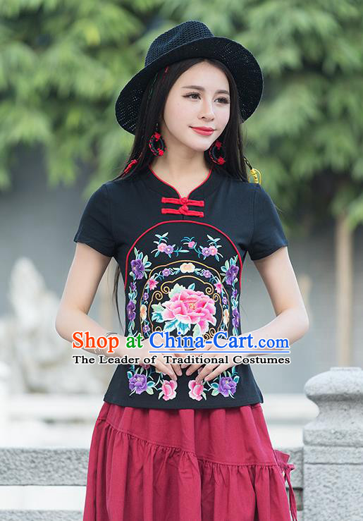 Traditional Chinese National Costume, Elegant Hanfu Embroidery Flowers Black T-Shirt, China Tang Suit Republic of China Plated Buttons Blouse Cheongsam Upper Outer Garment Qipao Shirts Clothing for Women