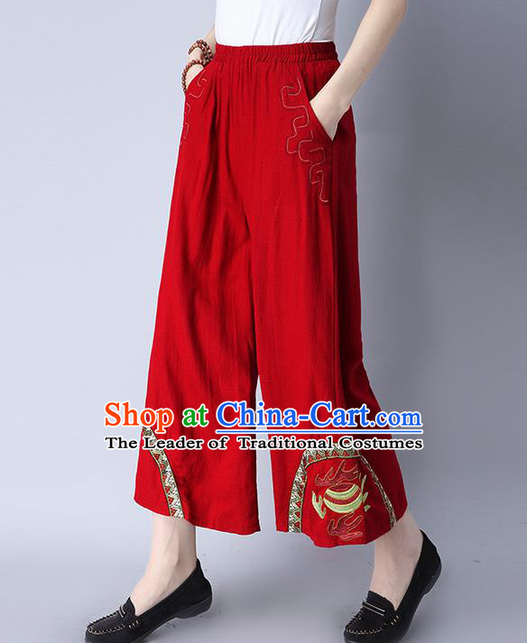 Traditional Chinese National Costume Loose Pants, Elegant Hanfu Embroidered Red Wide-leg Trousers, China Ethnic Minorities Folk Dance Baggy Pants for Women