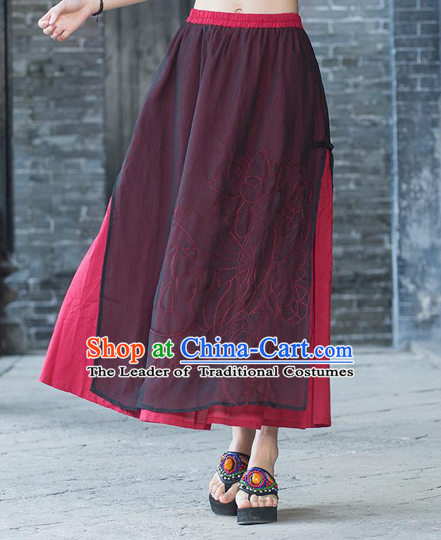 Traditional Ancient Chinese National Pleated Skirt Costume, Elegant Hanfu Embroidery Double-Deck Long Red Dress, China Tang Dynasty Big Swing Bust Skirt for Women