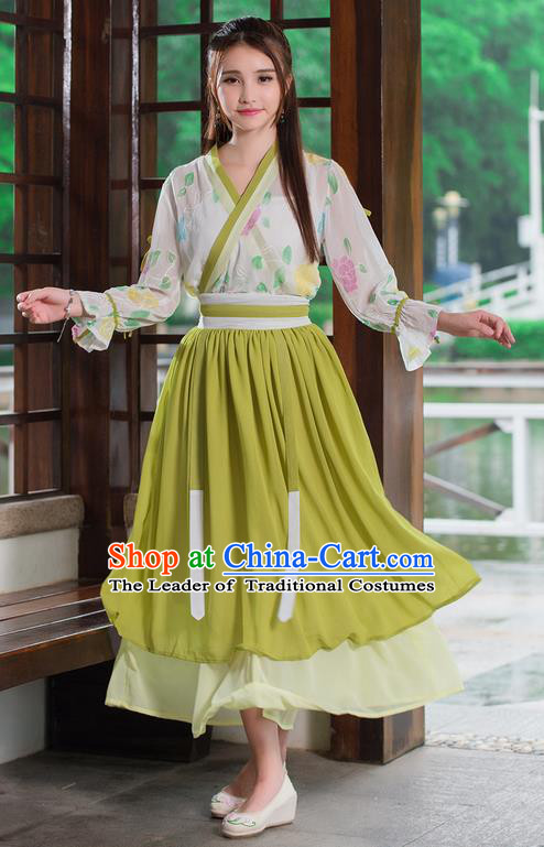 Traditional Ancient Chinese Costume, Elegant Hanfu Clothing Embroidered Bubble Sleeve Blouse and Dress, China Tang Dynasty Princess Elegant Blouse and Skirt Complete Set for Women