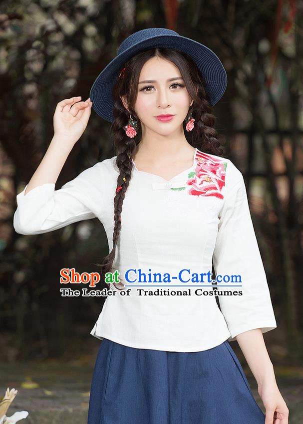 Traditional Chinese National Costume, Elegant Hanfu Embroidery Flowers White T-Shirt, China Tang Suit Republic of China Plated Buttons Blouse Cheongsam Upper Outer Garment Qipao Shirts Clothing for Women