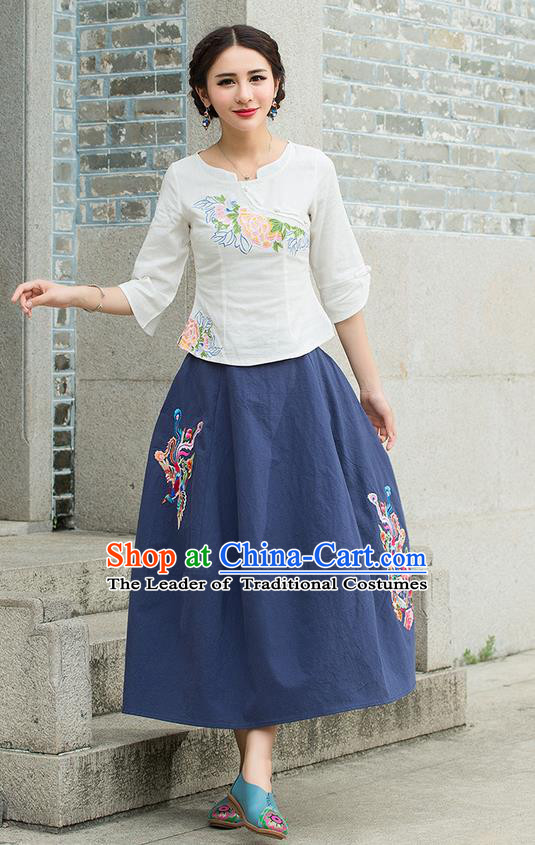 Traditional Ancient Chinese National Pleated Skirt Costume, Elegant Hanfu Embroidered Phoenix Long Blue Linen Dress, China Tang Dynasty Bust Skirt for Women