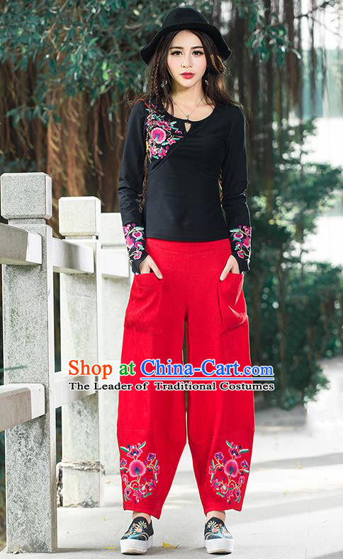 Traditional Chinese National Costume Plus Fours, Elegant Hanfu Embroidery Red Corduroy Bloomers, China Ethnic Minorities Folk Dance Tang Suit Pantalettes for Women