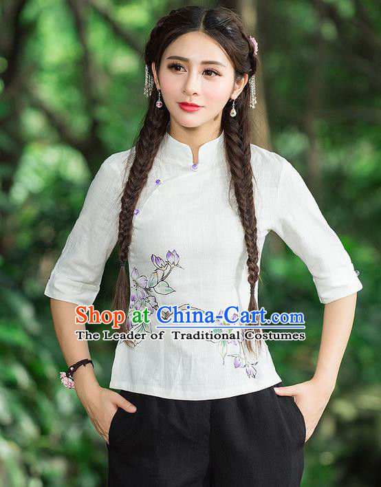 Traditional Chinese National Costume, Elegant Hanfu Printing Flowers Slant Opening Shirt, China Tang Suit Republic of China Blouse Cheongsam Upper Outer Garment Qipao Shirts Clothing for Women