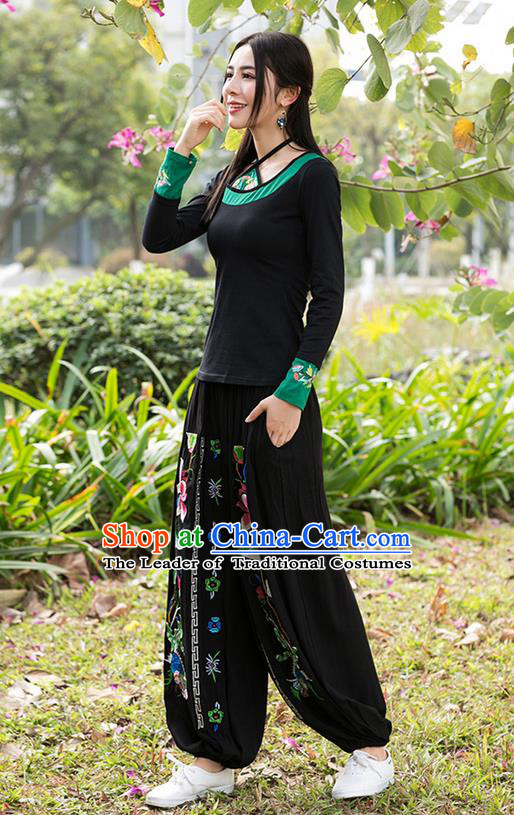 Traditional Chinese National Costume Plus Fours, Elegant Hanfu Embroidery Lotus Black Bloomers, China Ethnic Minorities Folk Dance Tang Suit Pantalettes for Women