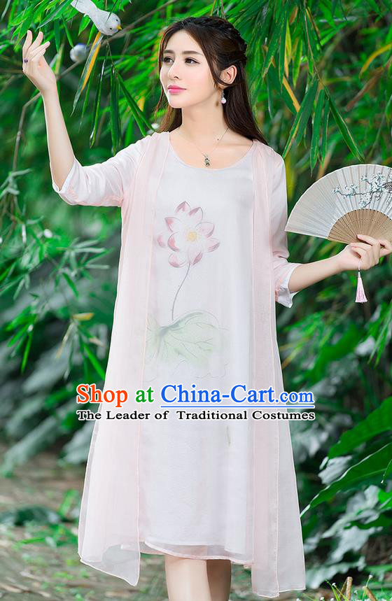 Traditional Ancient Chinese National Costume, Elegant Hanfu Painting Flowers Pink Dress, China Tang Suit National Minority Dance Elegant Dress Clothing for Women