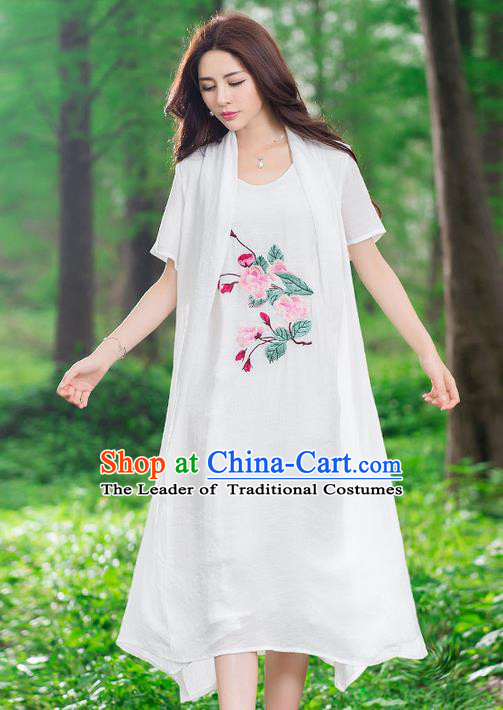 Traditional Ancient Chinese National Costume, Elegant Hanfu Mandarin Qipao Linen Embroidery White Dress, China Tang Suit National Minority Dance Elegant Dress Clothing for Women
