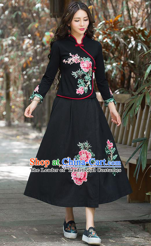 Traditional Chinese National Costume, Elegant Hanfu Hand Embroidery Flowers Black T-Shirt, China Tang Suit Republic of China Plated Buttons Blouse Cheongsam Upper Outer Garment Qipao Shirts Clothing for Women