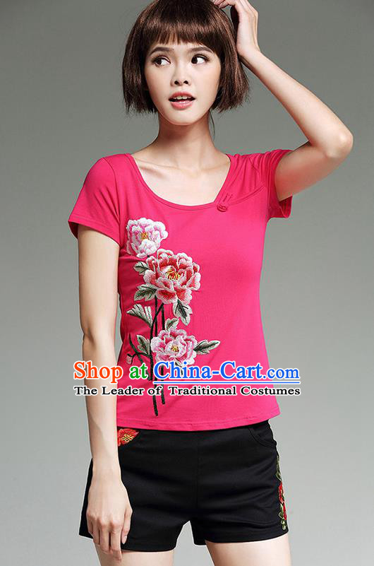 Traditional Chinese National Costume, Elegant Hanfu Embroidery Peony Flowers Round Collar Pink T-Shirt, China Tang Suit Republic of China Blouse Cheongsam Upper Outer Garment Qipao Shirts Clothing for Women