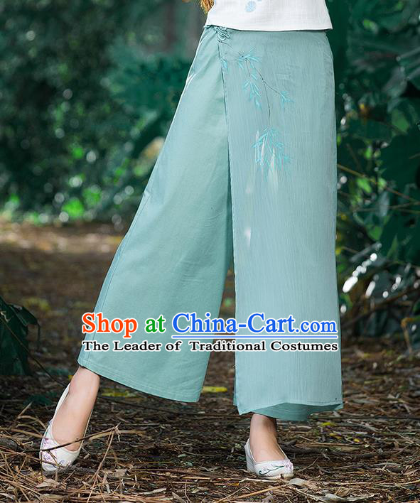 Traditional Chinese National Costume Loose Pants, Elegant Hanfu Hand Painting Bamboo Leaves Wide-leg Green Trousers, China Ethnic Minorities Folk Dance Baggy Pants for Women