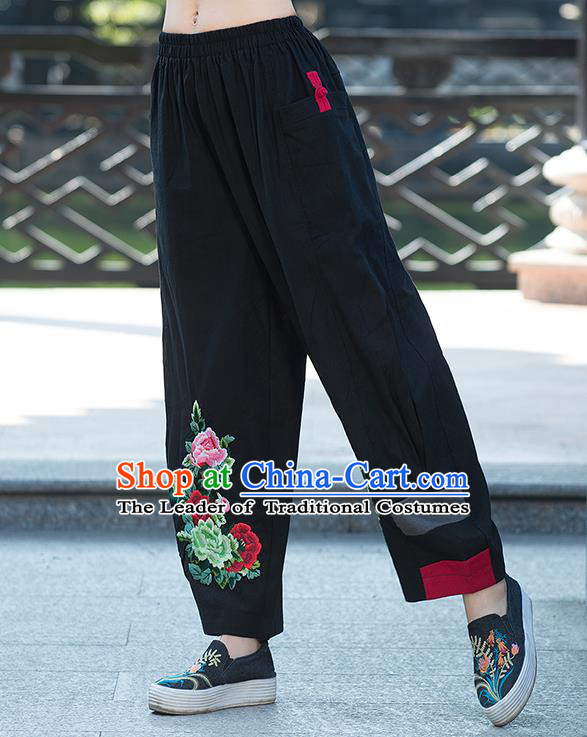 Traditional Chinese National Costume Plus Fours, Elegant Hanfu Embroidery Peony Black Bloomers, China Ethnic Minorities Folk Dance Tang Suit Pantalettes for Women