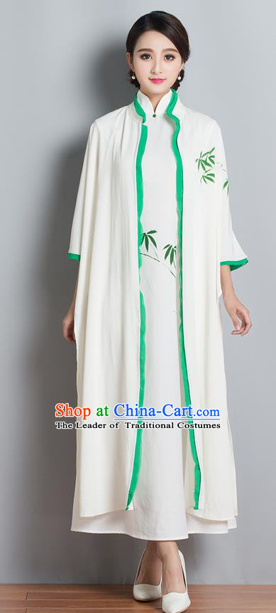 Traditional Ancient Chinese National Costume, Elegant Hanfu Mandarin Qipao Painting Bamboo White Cardigan and Dress, China Tang Suit Chirpaur Republic of China Stand Collar Cheongsam Elegant Dress Clothing for Women