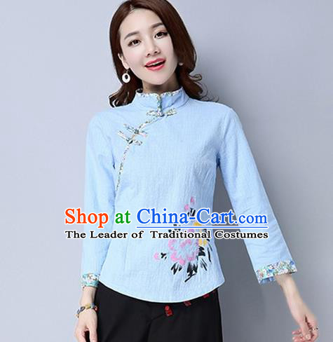 Traditional Chinese National Costume, Elegant Hanfu Painting Peony Flowers Slant Opening Blue Shirt, China Tang Suit Republic of China Plated Buttons Blouse Cheongsam Upper Outer Garment Qipao Shirts Clothing for Women
