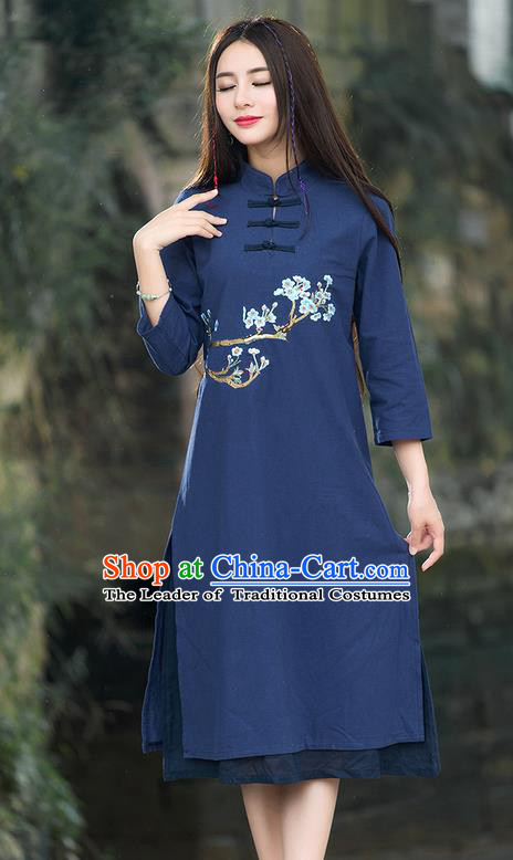 Traditional Ancient Chinese National Costume, Elegant Hanfu Mandarin Qipao Embroidery Flowers Navy Dress, China Tang Suit Stand Collar Chirpaur Republic of China Plated Buttons Cheongsam Elegant Dress Clothing for Women