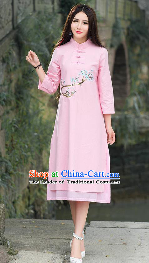 Traditional Ancient Chinese National Costume, Elegant Hanfu Mandarin Qipao Embroidery Flowers Pink Dress, China Tang Suit Stand Collar Chirpaur Republic of China Plated Buttons Cheongsam Elegant Dress Clothing for Women