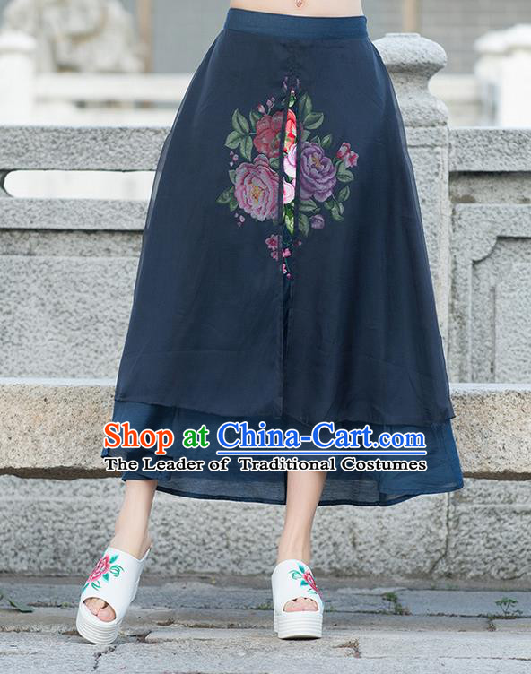 Traditional Ancient Chinese National Pleated Skirt Costume, Elegant Hanfu Embroidery Peony Flowers Double-deck Long Navy Skirt, China Tang Suit Bust Skirt for Women