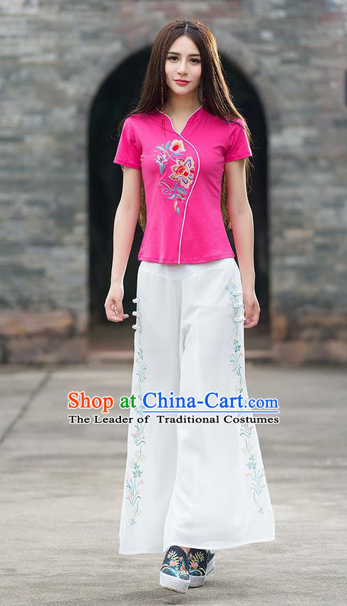 Traditional Chinese National Costume Loose Pants, Elegant Hanfu Embroidered Wide-leg White Chiffon Trousers, China Ethnic Minorities Folk Dance Baggy Pants for Women