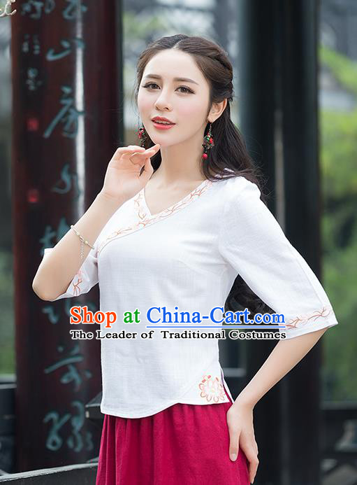 Traditional Chinese National Costume, Elegant Hanfu Embroidery White Shirt, China Tang Suit Republic of China Blouse Cheongsam Upper Outer Garment Qipao Shirts Clothing for Women