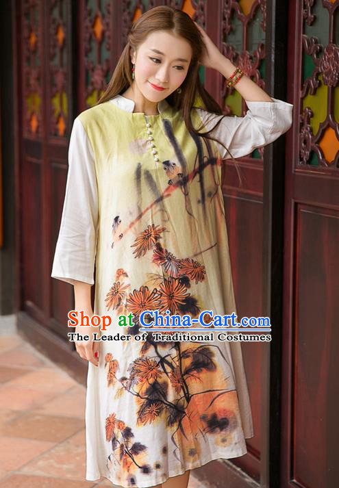 Traditional Ancient Chinese National Costume, Elegant Hanfu Mandarin Qipao Linen Printing Dress, China Tang Suit Chirpaur Republic of China Cheongsam Upper Outer Garment Elegant Dress Clothing for Women