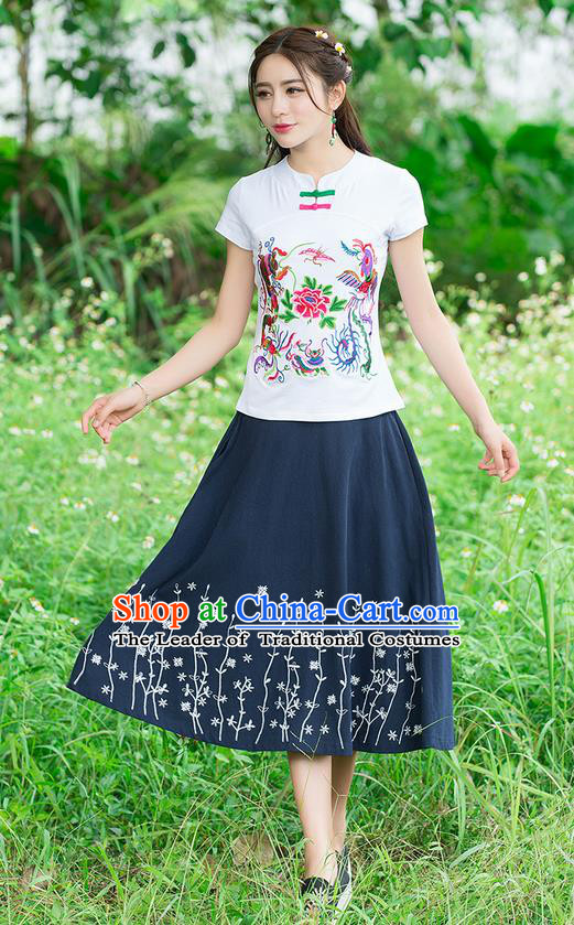 Traditional Chinese National Costume, Elegant Hanfu Embroidery Phoenix White T-Shirt, China Tang Suit Republic of China Plated Chirpaur Buttons Blouse Cheong-sam Upper Outer Garment Qipao Shirts Clothing for Women