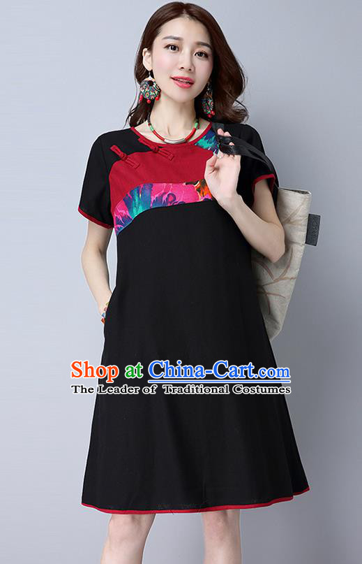 Traditional Ancient Chinese National Costume, Elegant Hanfu Mandarin Qipao Linen Black Gored Dress, China Tang Suit Chirpaur Republic of China Plated Buttons Cheongsam Elegant Dress Clothing for Women