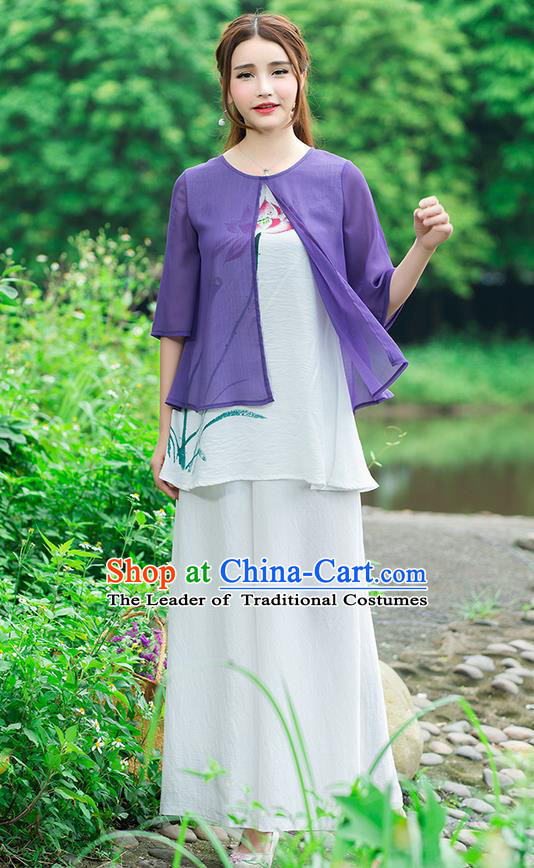 Traditional Chinese National Costume, Elegant Hanfu Hand Painting Lotus Flowers Purple Blouse, China Tang Suit Chirpaur Blouse Cheong-sam Upper Outer Garment Qipao Shirts Clothing for Women