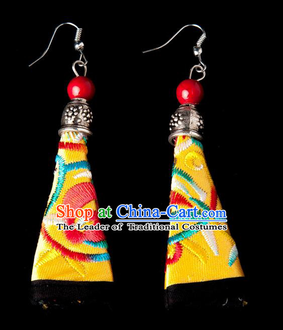 Traditional Chinese Miao Nationality Crafts, Hmong Handmade Miao Silver Embroidery Yellow Earrings Pendant, China Ethnic Minority Eardrop Accessories Earbob Pendant for Women