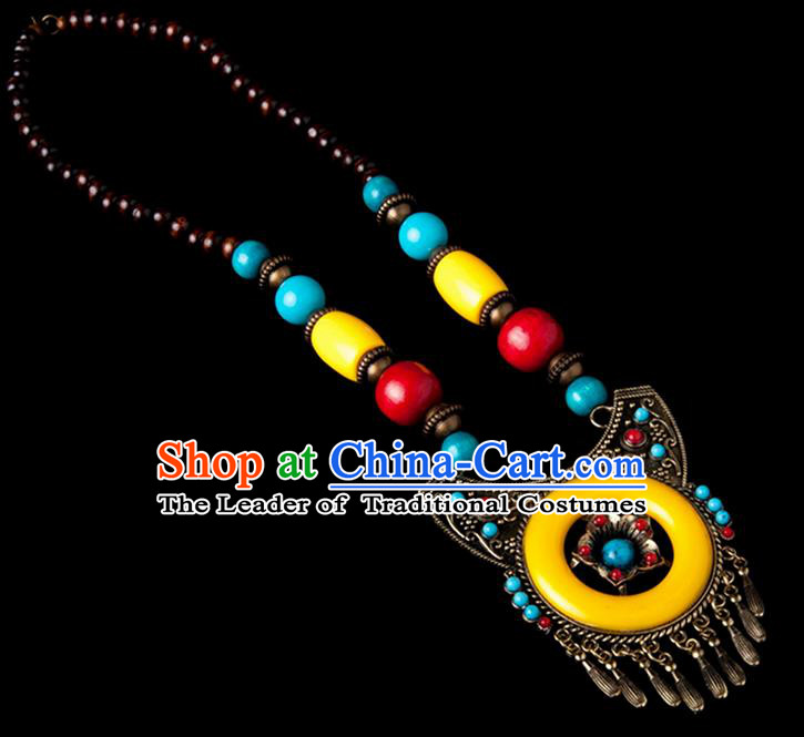 Traditional Chinese Zang Nationality Crafts, Handmade Tibet Beads Yellow Tassel Sweater Chain, Tibetan Ethnic Minority Necklace Accessories Pendant for Women